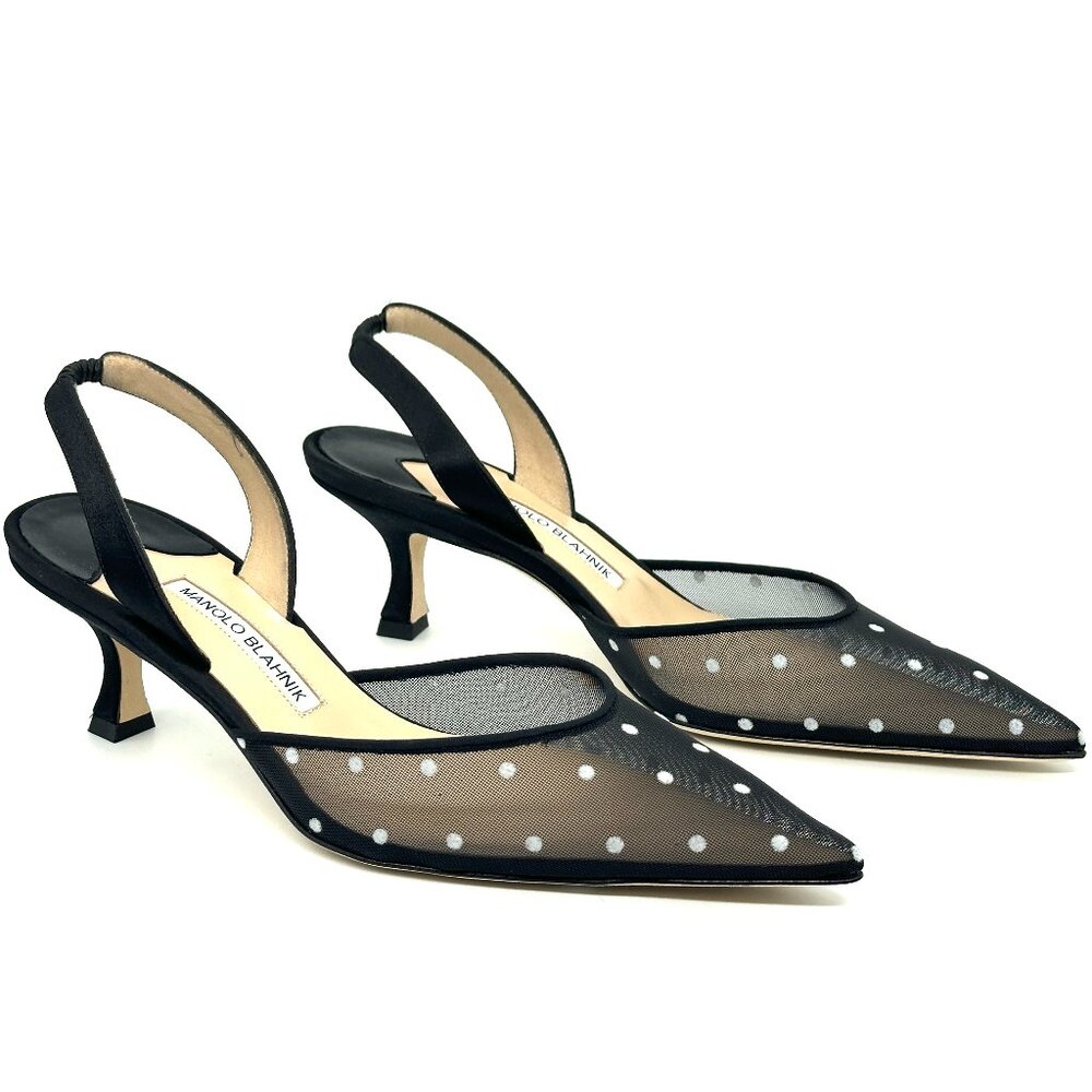 Manolo Blahnik CAROLYNE Polka Dot Mesh Satin Slingback Pumps Sandals Heels - Picture 7 of 16